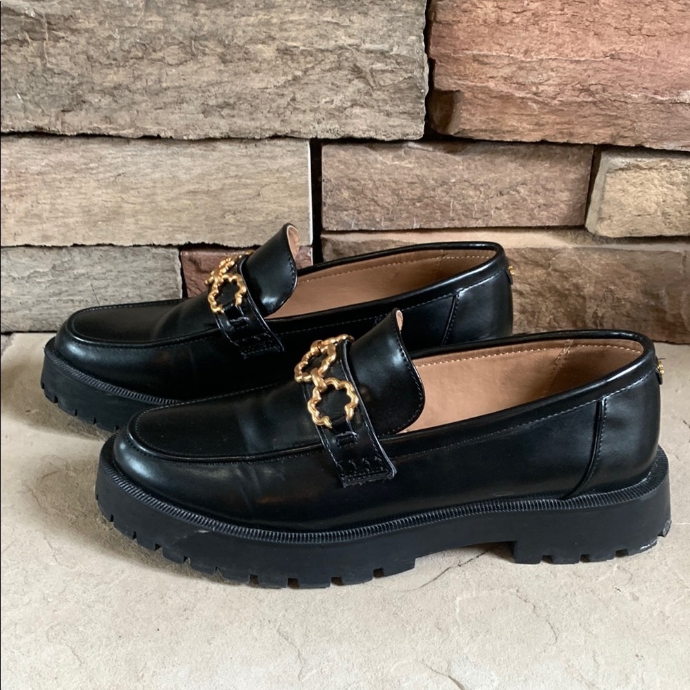 Sam & Libby sz 10 black vegan chunky loafer with gold chain accent